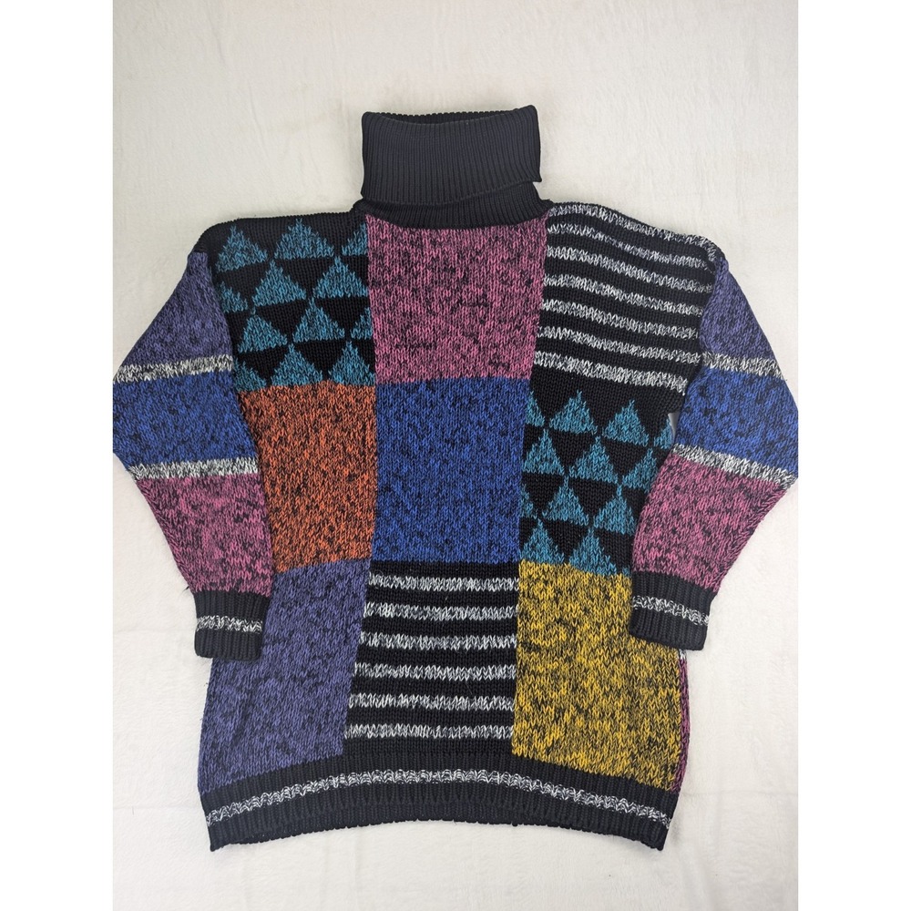 Vintage Cosby Sweater Women Medium 80s Color Block‎ Geometric Marled Patchwork